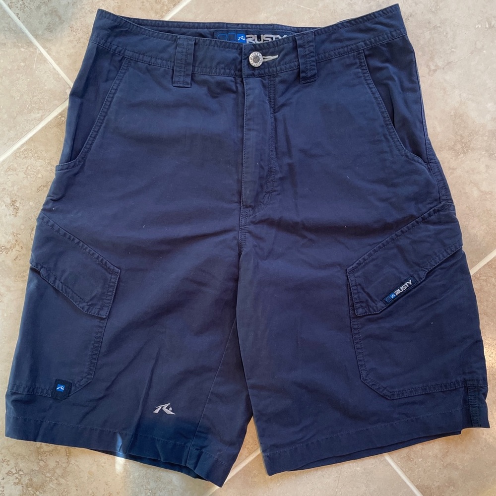 RUSTY shorts flat front cargo mavy blue mens 28 cotton nylon